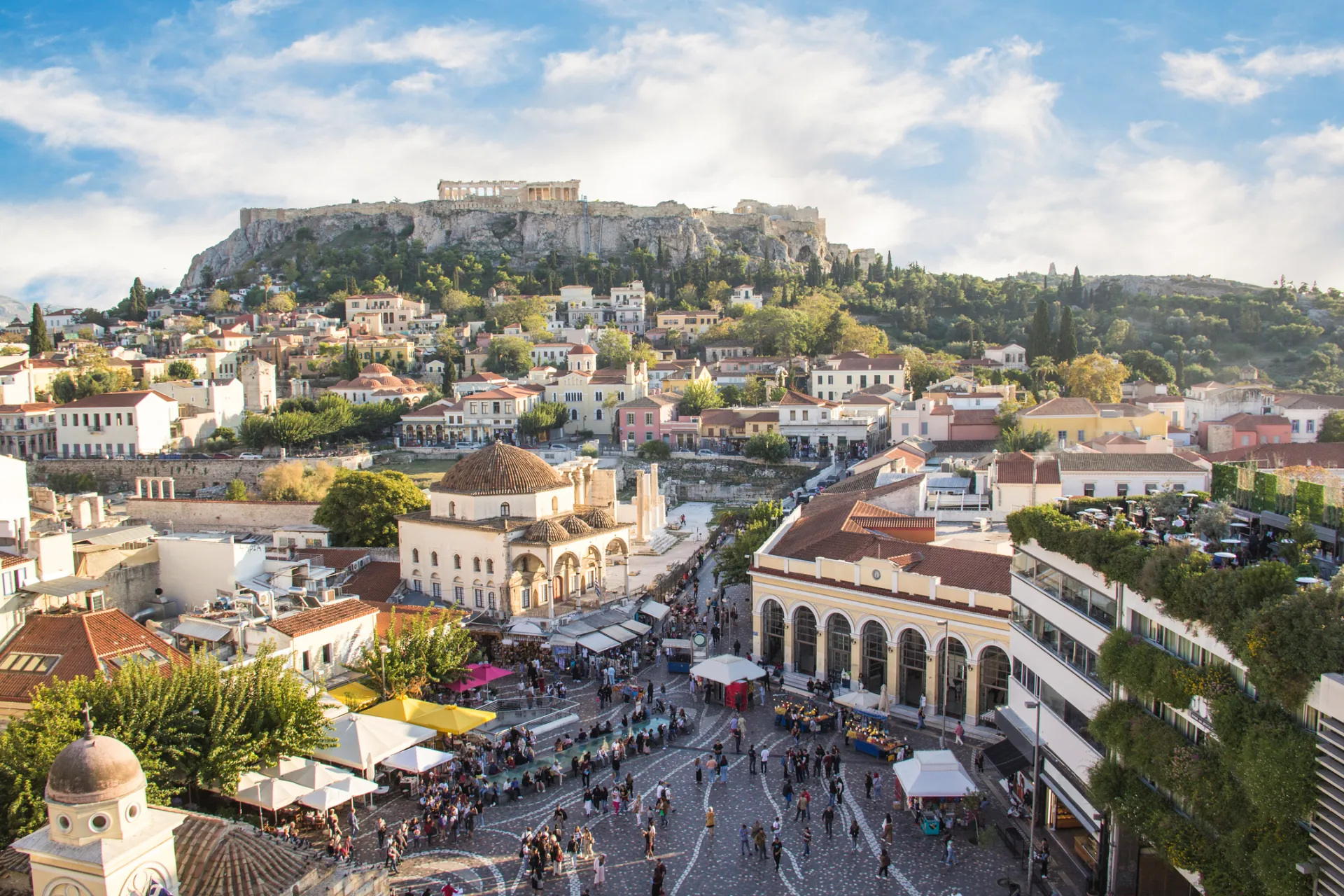 Aerial view of Monastiraki Square with the Acropolis in the background