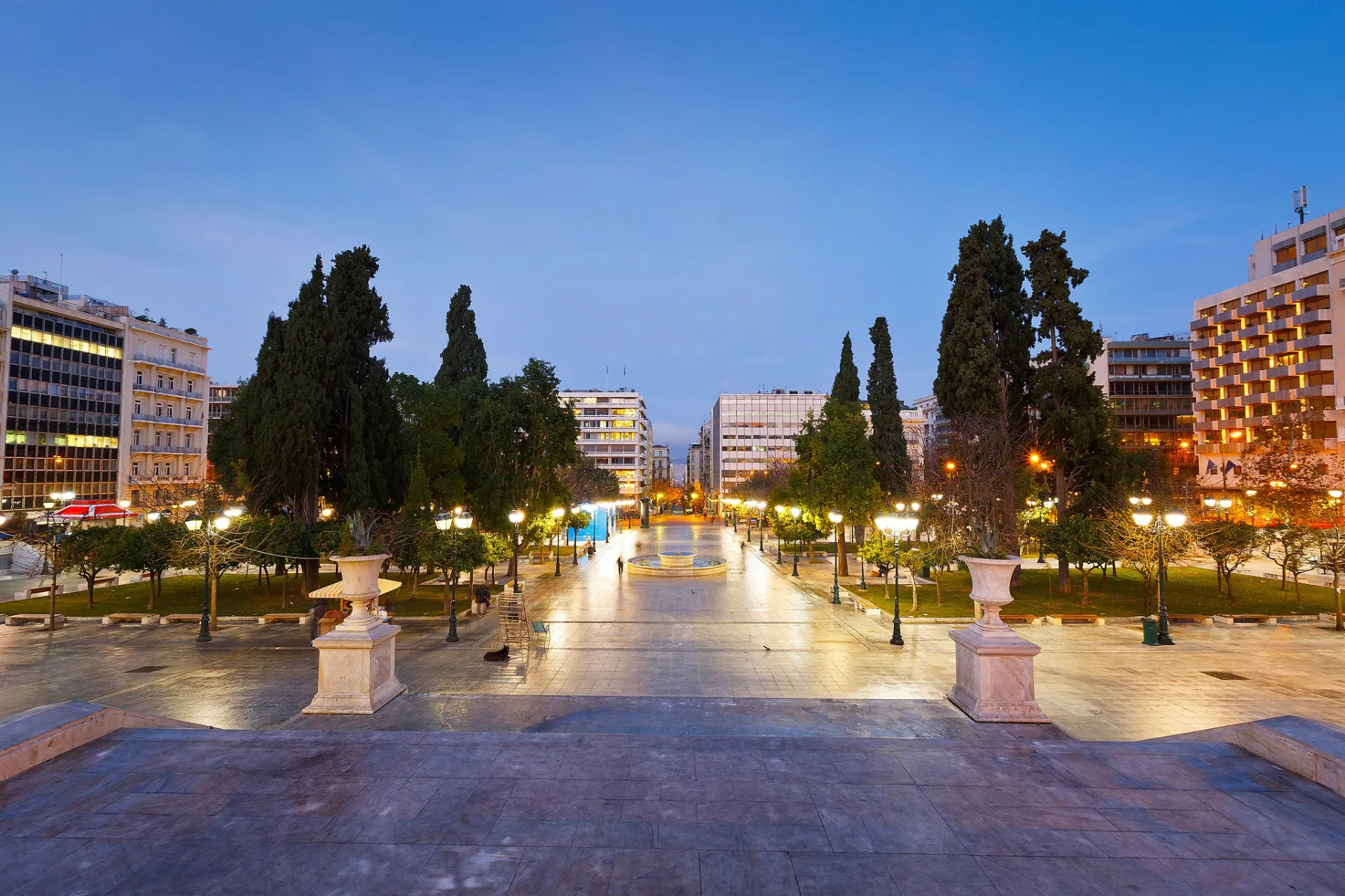 Syntagma Square with the Hellenic Parliament building and fountain