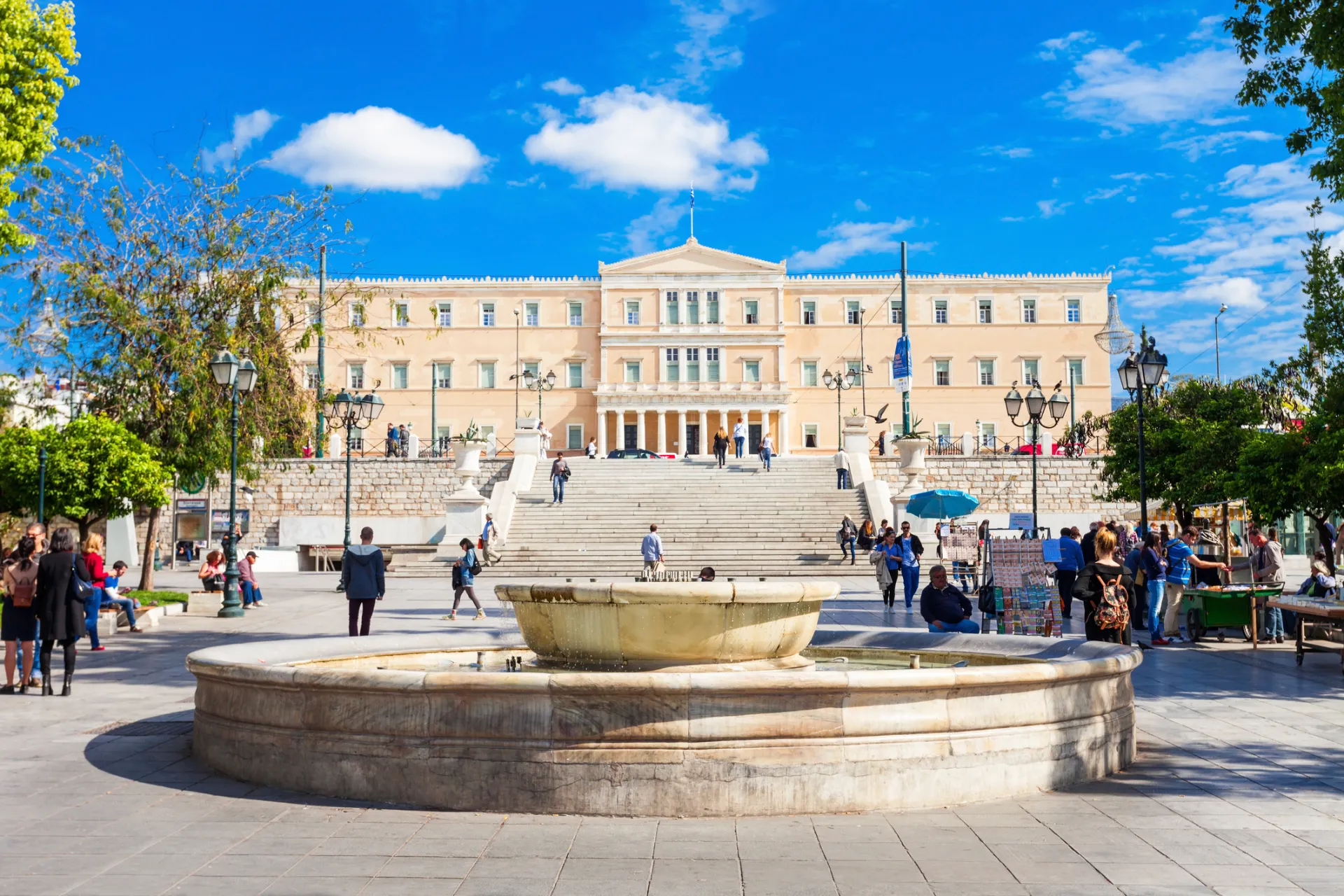 Syntagma Square with the Hellenic Parliament building and fountain