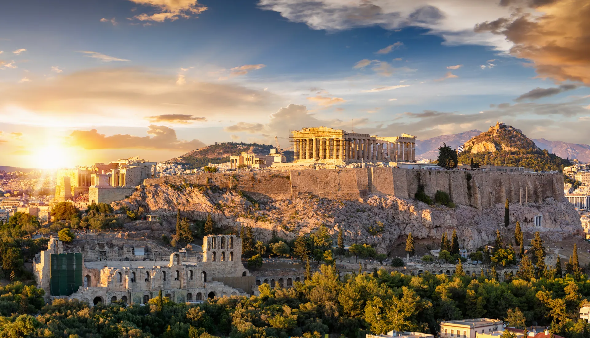 The Acropolis of Athens at sunset, overlooking the city